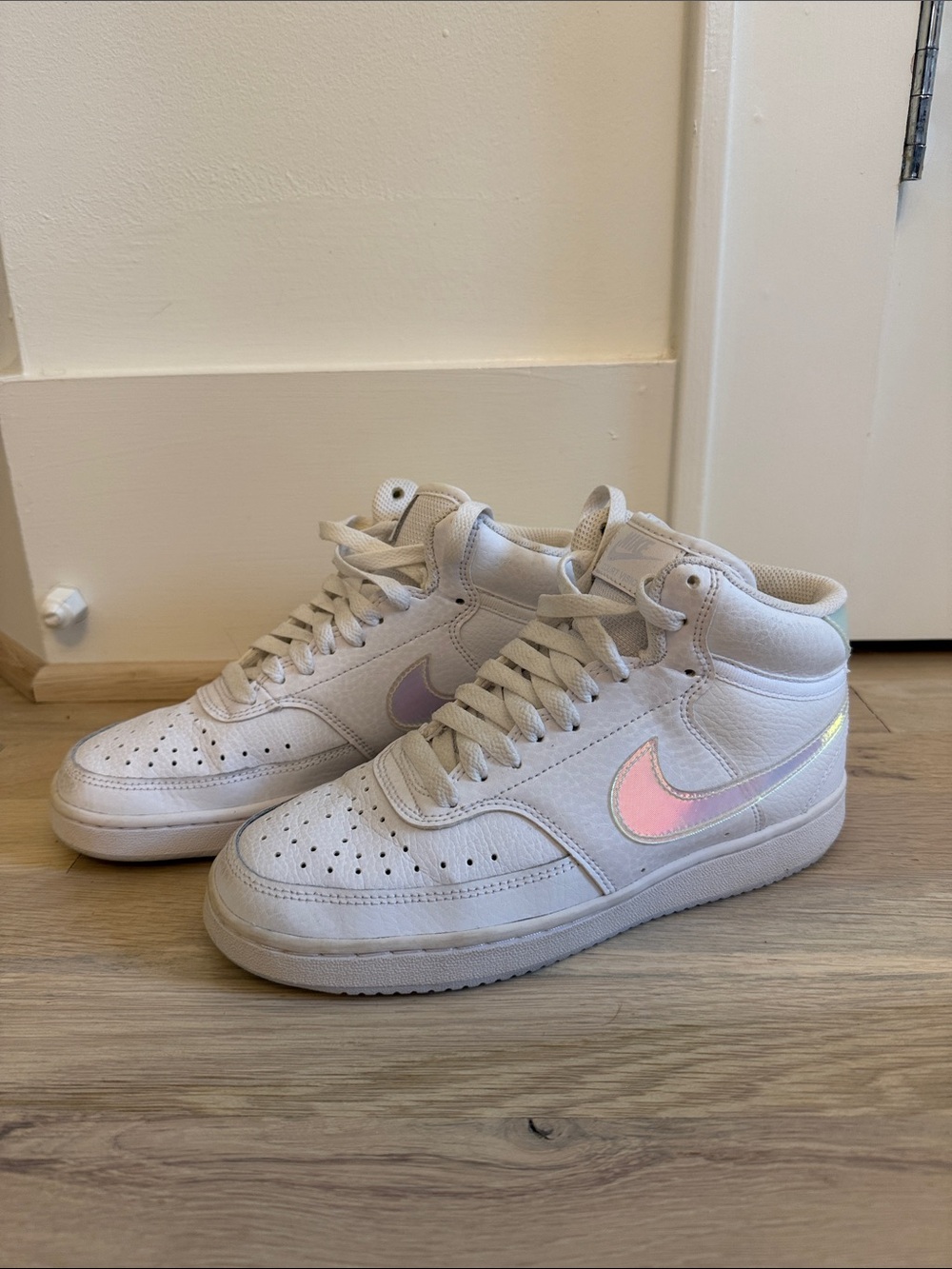 Nike High-Top Sneakers in White with Iridescent Pastel Swoosh